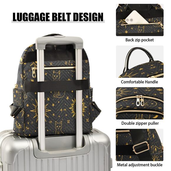 3148 Golden Edged Cat Pattern Backpack Purse Rucksack Travel Shoulder Bag